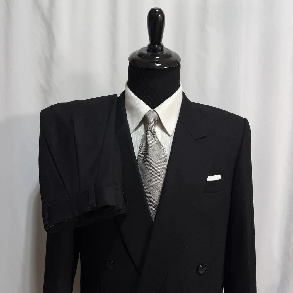 Vintage BESPOKE Double Breasted Flannel Suit Mens 40S 28x29 100% Wool Peak Lapel